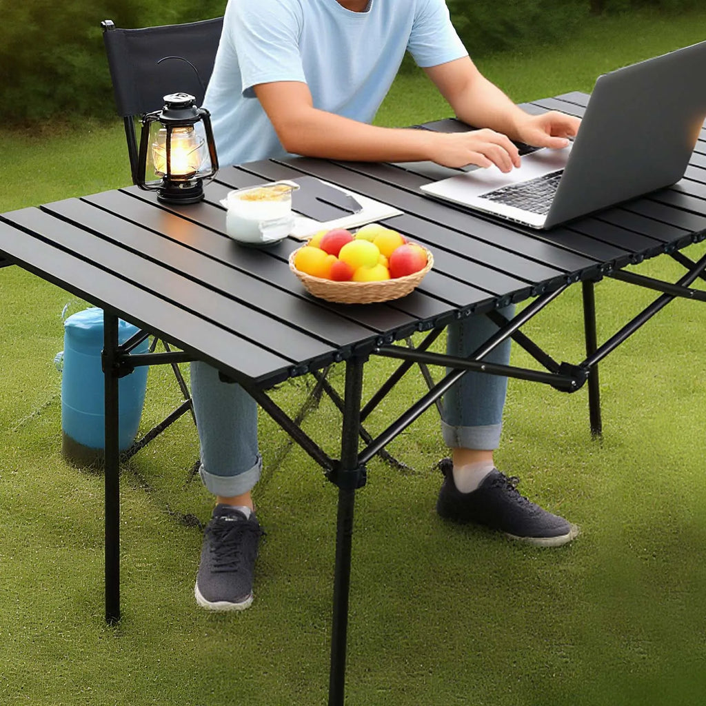 Foldable Camping Table Carbon Steel Picnic Table with Storage Mesh Bag Portable Outdoor BBQ Desk for Beach Backyard Party Games