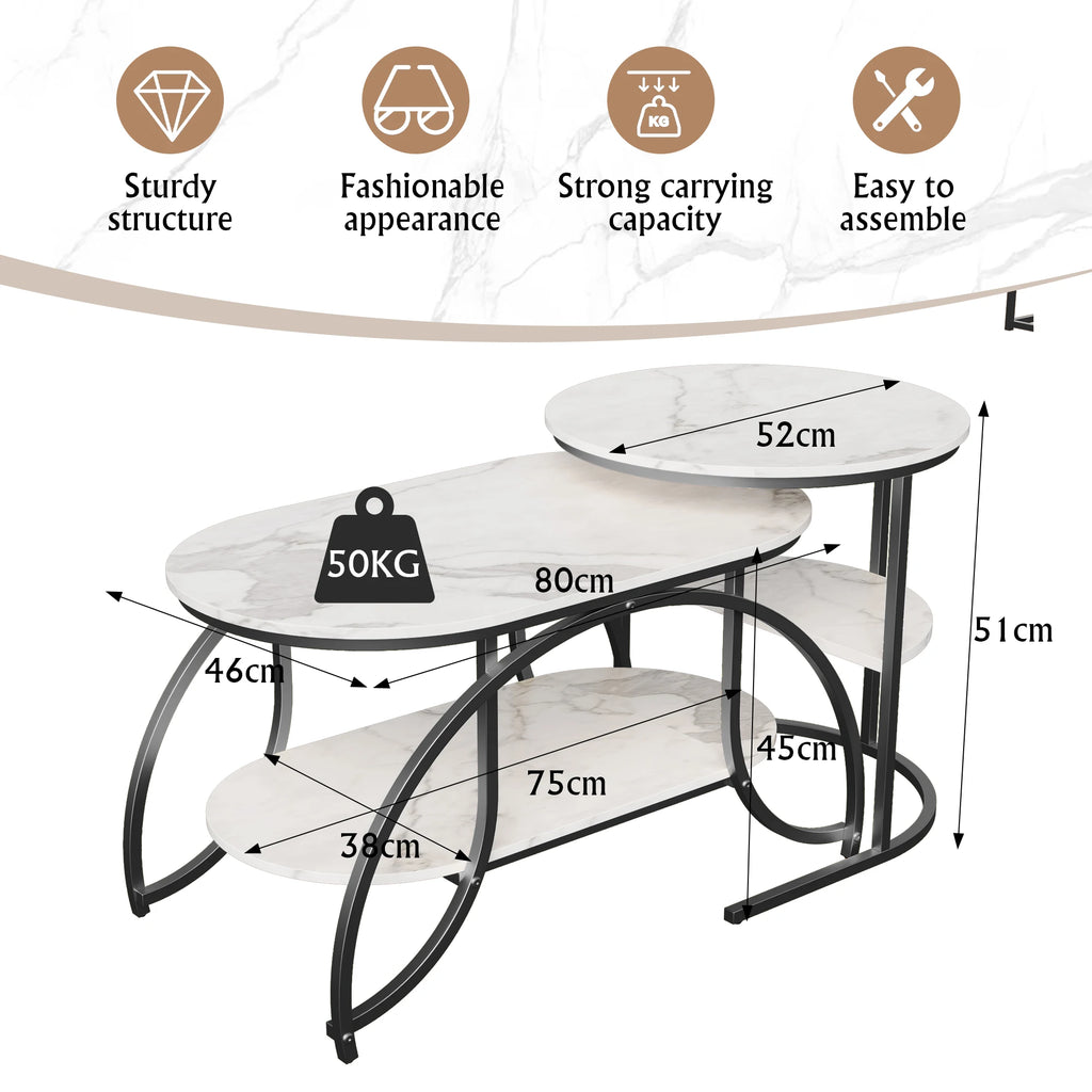 ROSAHQNDA Set of 2 Modern Coffee Tables Sofa table with 2 Layer Shelves MDF Board and Stable Metal Racks living room furniture