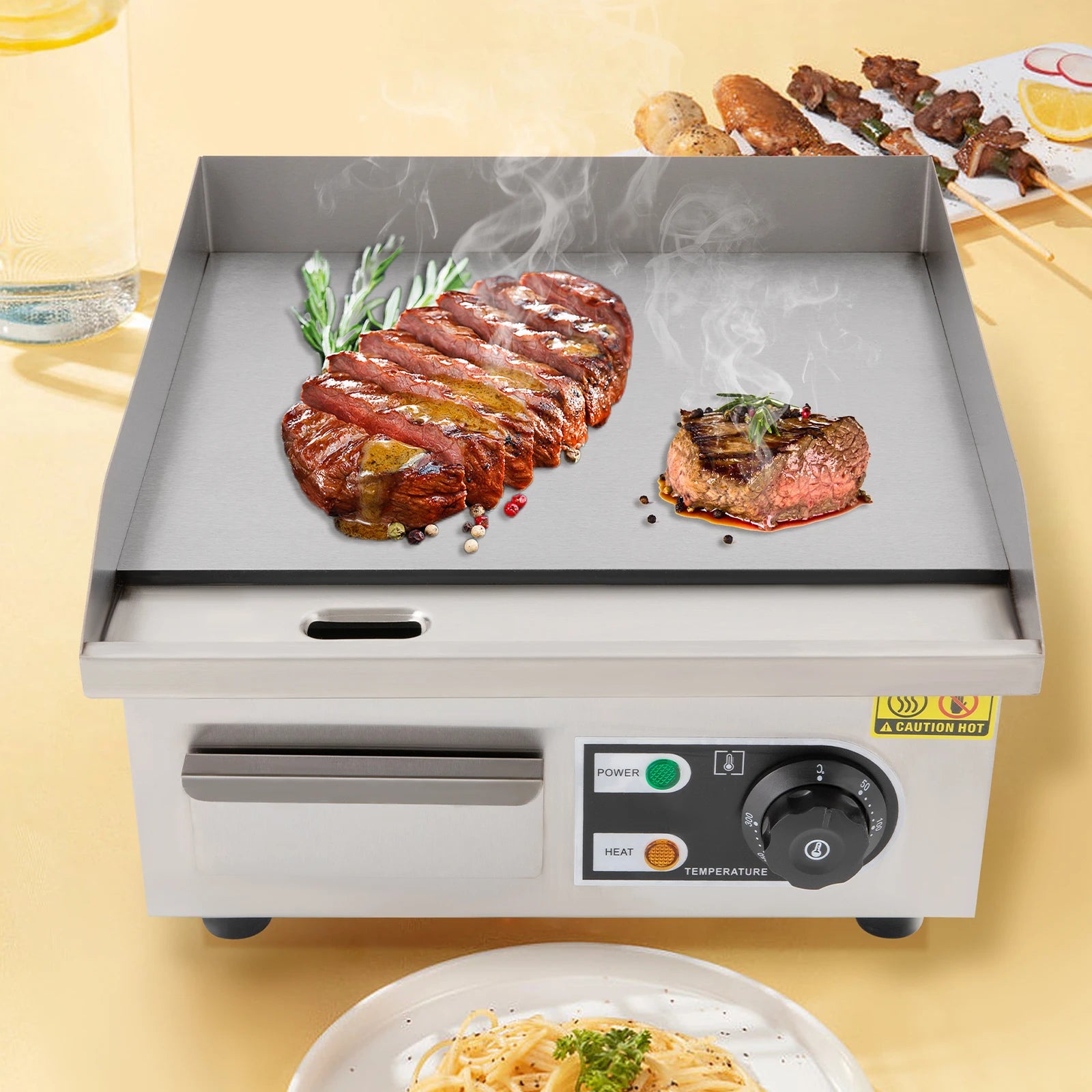 2000W Modern Stainless Steel Electric Griddle, 5.5*38*21cm Silver Electric Griddle for Processing Pancakes, Bacon, Baked Cheese