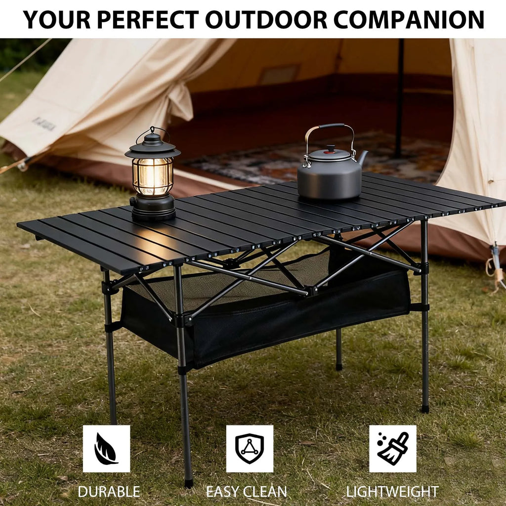 Foldable Camping Table Carbon Steel Picnic Table with Storage Mesh Bag Portable Outdoor BBQ Desk for Beach Backyard Party Games