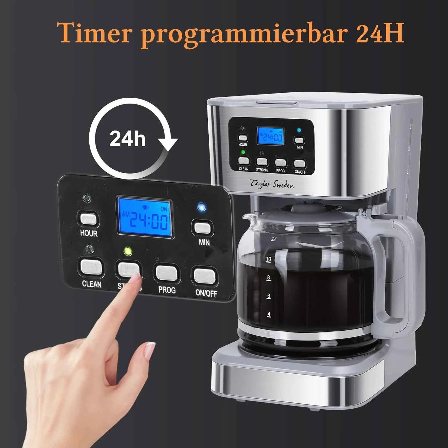 TAYLOR SWODEN 950W Coffee Maker with Timer, 1.5L Filter Coffee Maker 12 Cups, Automatic Shut-Off, Drip Stop, Reusable Filter