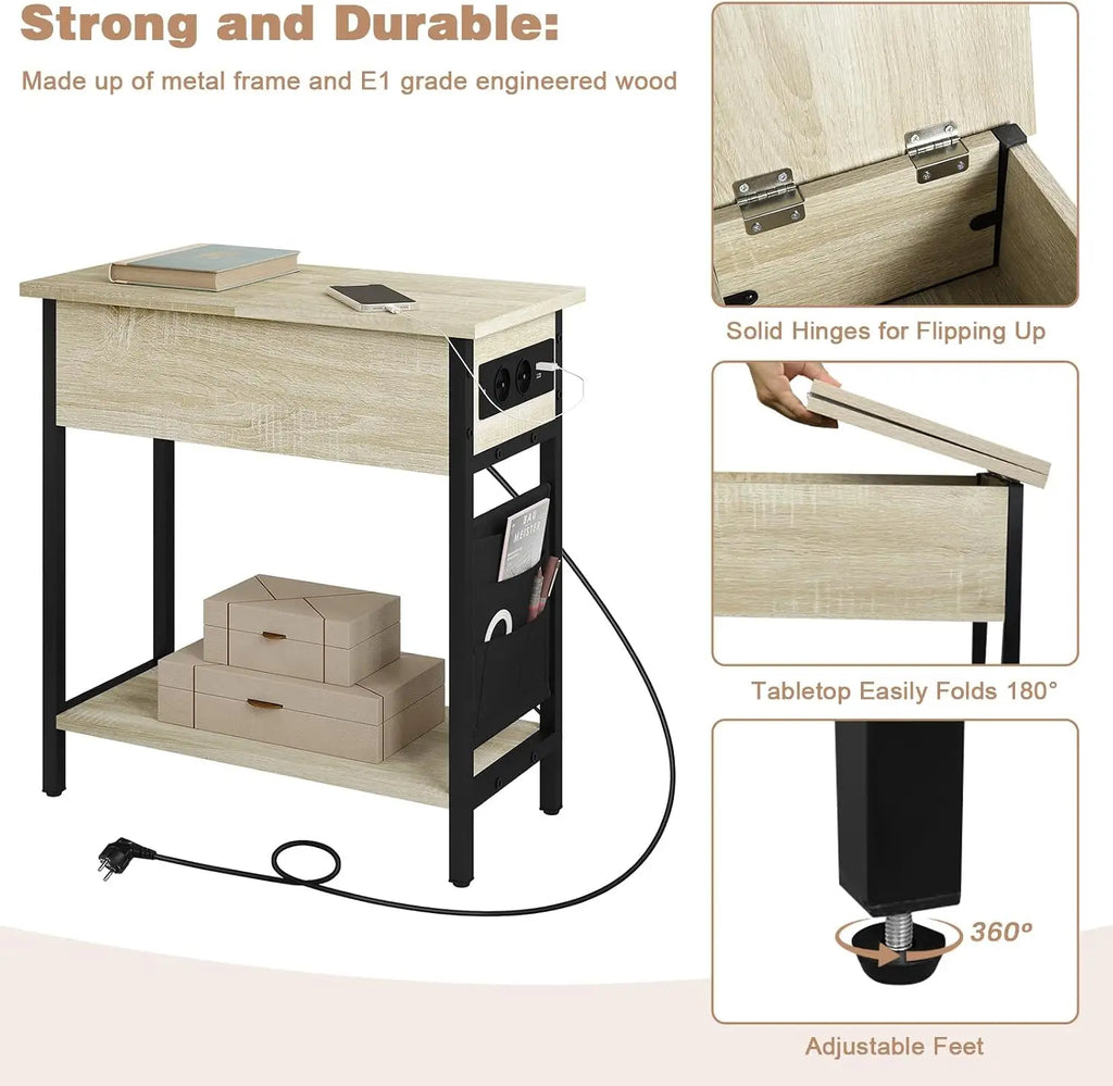 Side Table Sofa Coffee Table with Charging Station Bag Nightstand with 2 USB Ports 2 Sockets Folding Top End Table for Bedroom