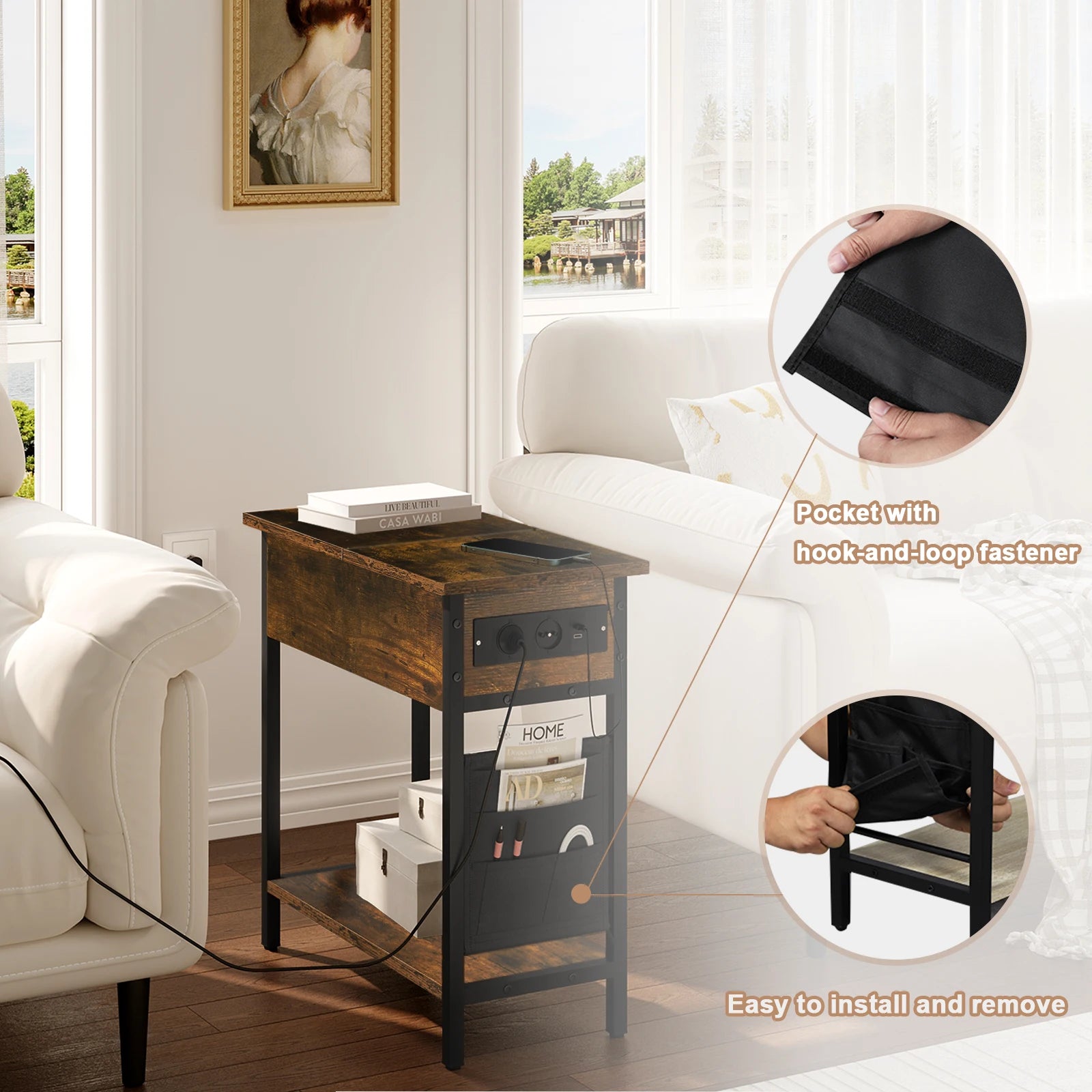 Side Table Sofa Coffee Table with Charging Station Bag Nightstand with 2 USB Ports 2 Sockets Folding Top End Table for Bedroom
