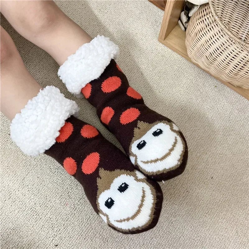 Thermal Winter Warm Slipper Socks Non Slip Grip Fluffy Fuzzy Slipper Socks Short Furry Monkey