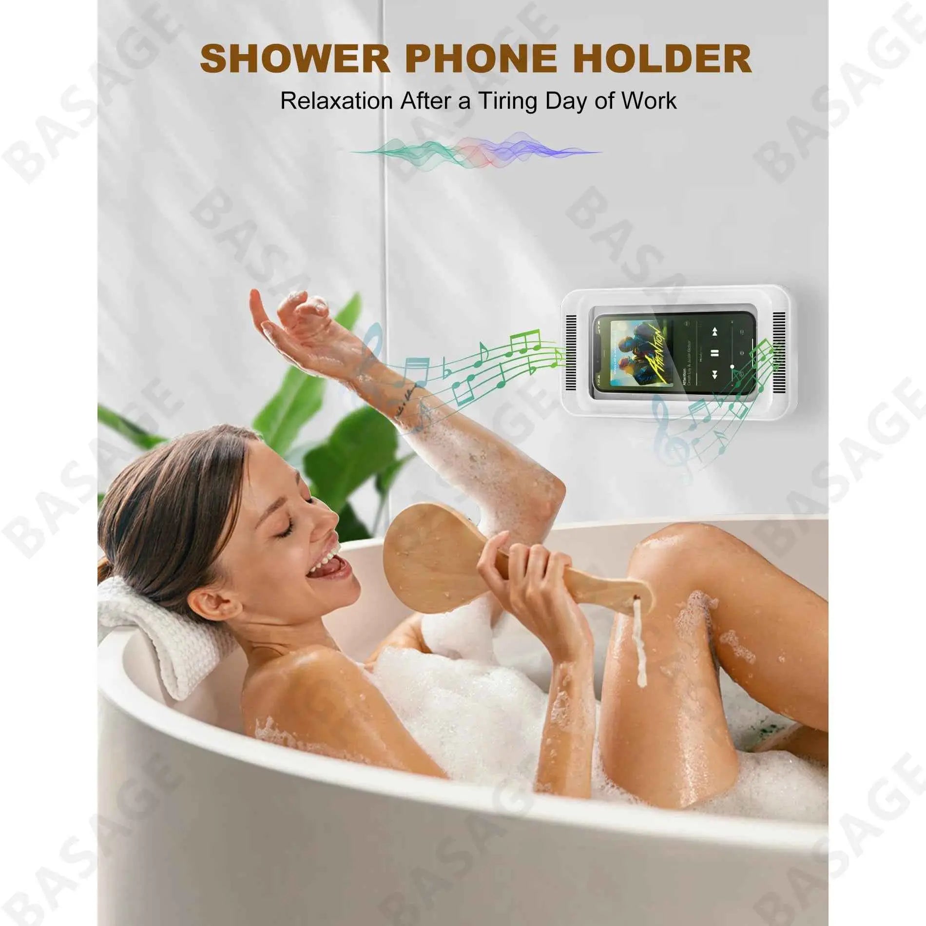 Shower Waterproof Phone Holder With Speaker - 480° Rotation