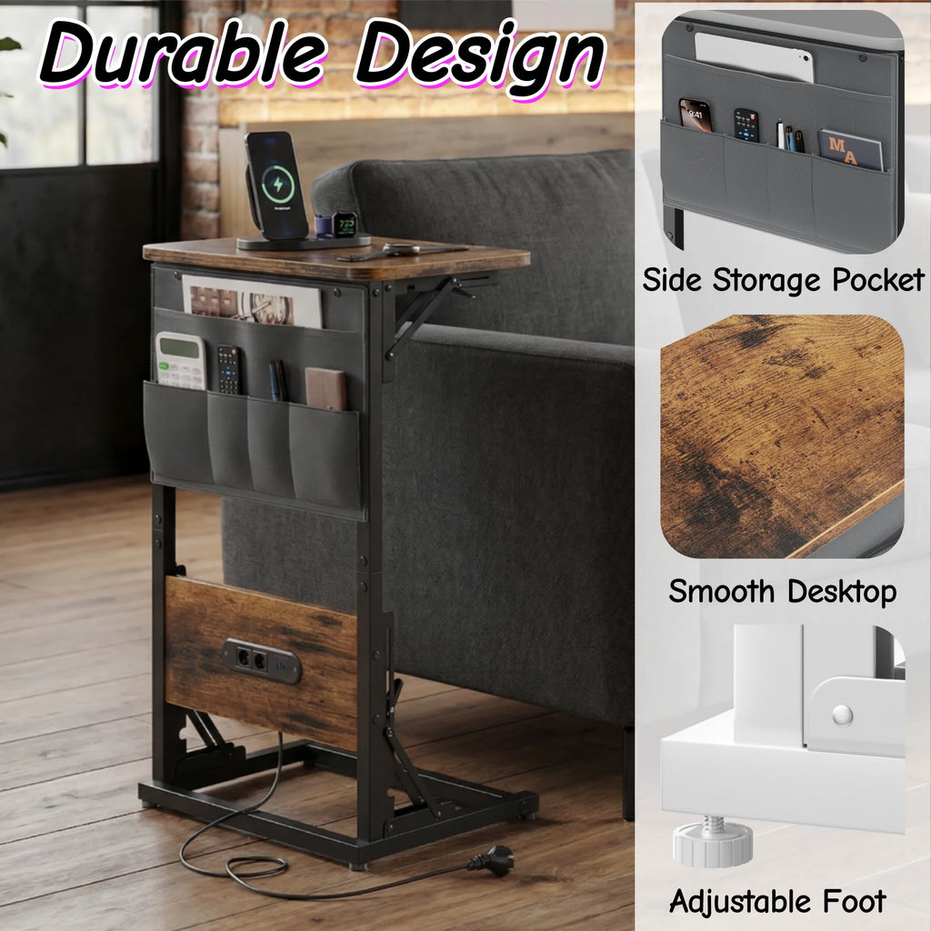C Shape Small Laptop Table, Foldable End Desk with Power Outlets, Sofa Arm Tray Table with Storage Bag for Living Room, Bedroom