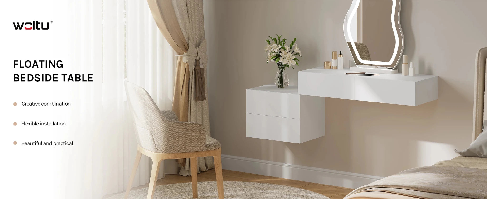 WOLTU 2PCS/Set Modern Bedroom Nightstand Hanging Bedside Table Wall Mounted Bedside Cabinet with Drawer for Living Room
