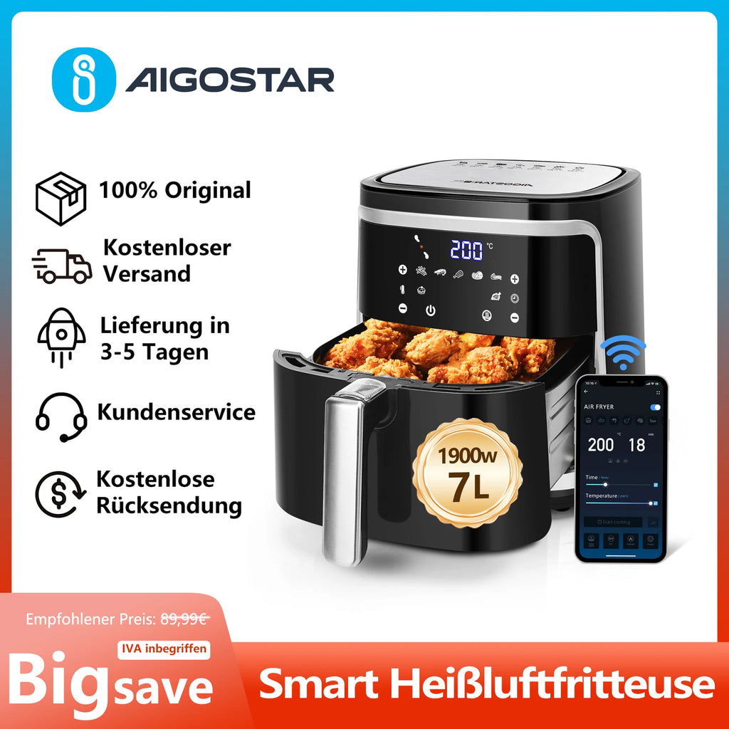Smart Air Fryer 1900W 7L Manual Mode LED Screen Manual Heat Retention Wifi Connection