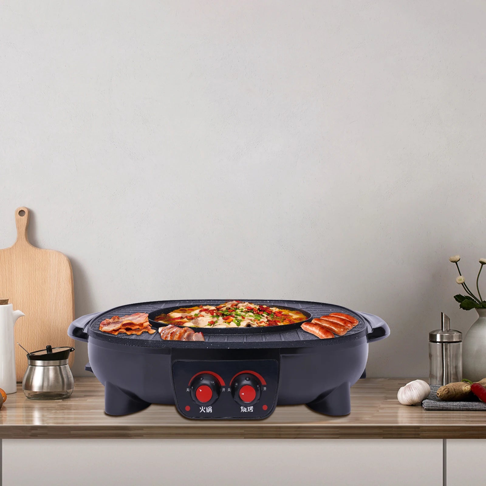2-in-1 Electric Grill Hot Pot Electric Grill 2000W Hot Pot Shabu Shabu Hot Pot with Grill for 5-6 People