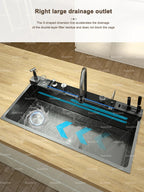 Stainless Steel Kitchen Sink With Waterfall Extra Large Single Bowl Digital Display Multifunctional Dishwashing Sinks