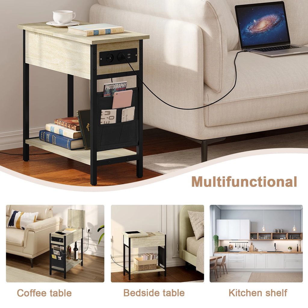 Side Table Sofa Coffee Table with Charging Station Bag Nightstand with 2 USB Ports 2 Sockets Folding Top End Table for Bedroom
