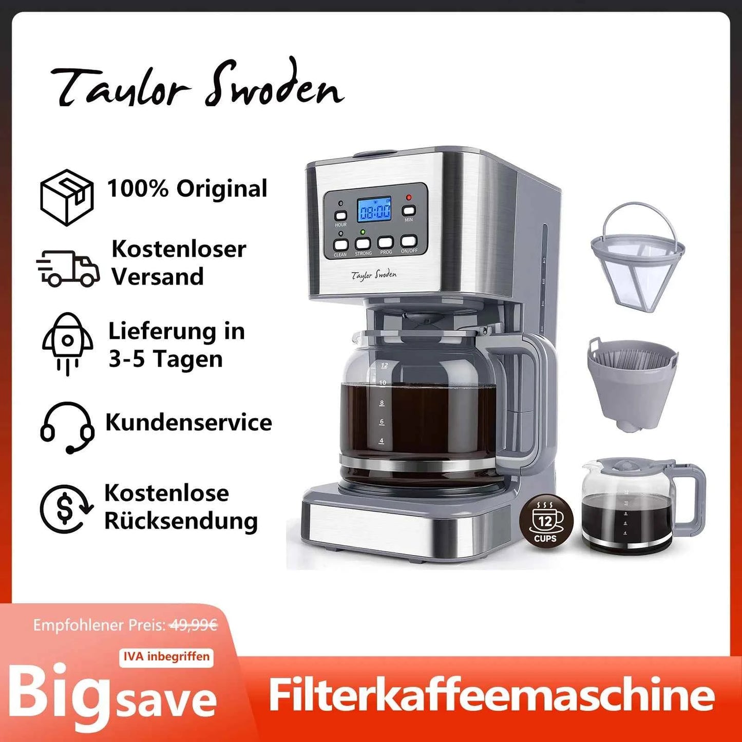 TAYLOR SWODEN 950W Coffee Maker with Timer, 1.5L Filter Coffee Maker 12 Cups, Automatic Shut-Off, Drip Stop, Reusable Filter
