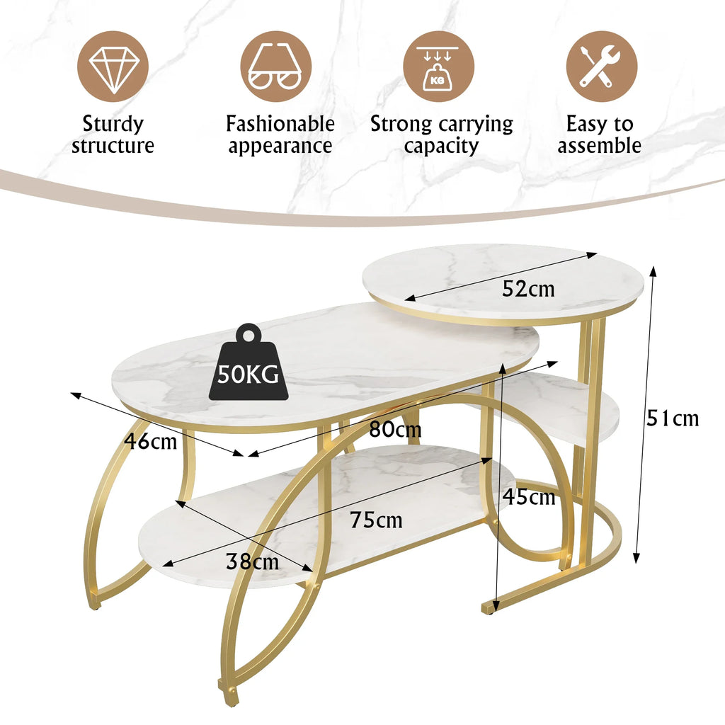 ROSAHQNDA Set of 2 Modern Coffee Tables Sofa table with 2 Layer Shelves MDF Board and Stable Metal Racks living room furniture