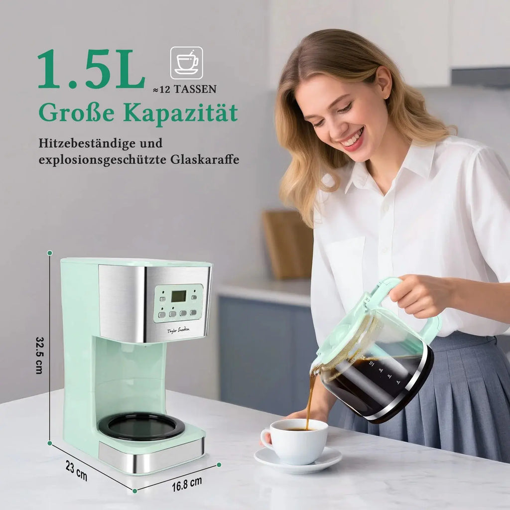 Coffee Maker with Timer, 1.5L Filter Coffee Maker, 12 Cups, Automatic Shut-Off, Drip Stop, Reusable Filter