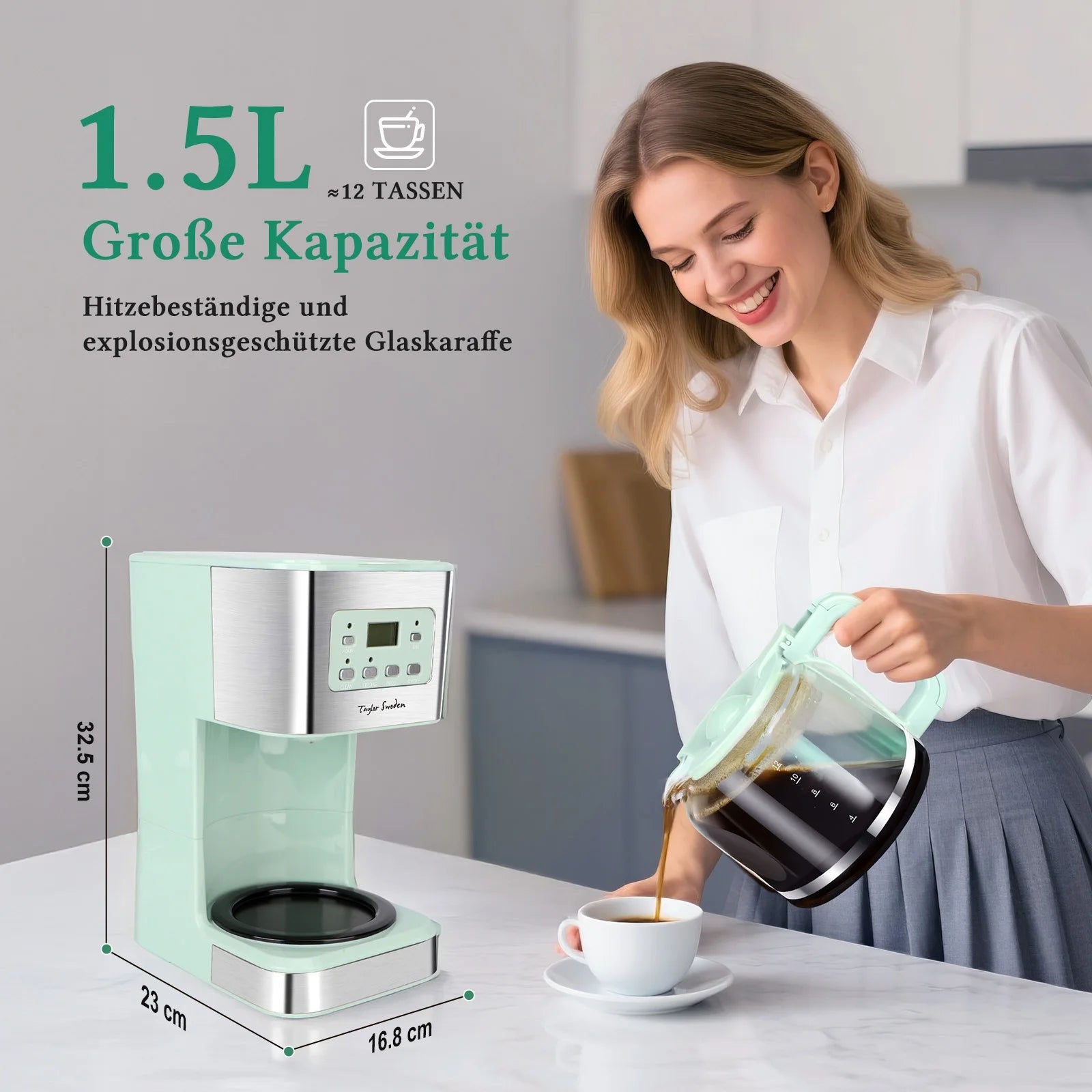 Coffee Maker with Timer, 1.5L Filter Coffee Maker, 12 Cups, Automatic Shut-Off, Drip Stop, Reusable Filter