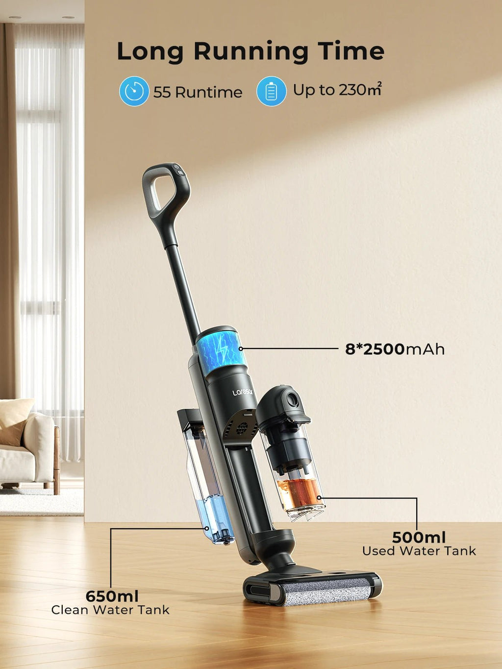 M3 Cordless Wet Dry Vacuum Cleaner Mop, Edge Cleaning 55min Auto Suction