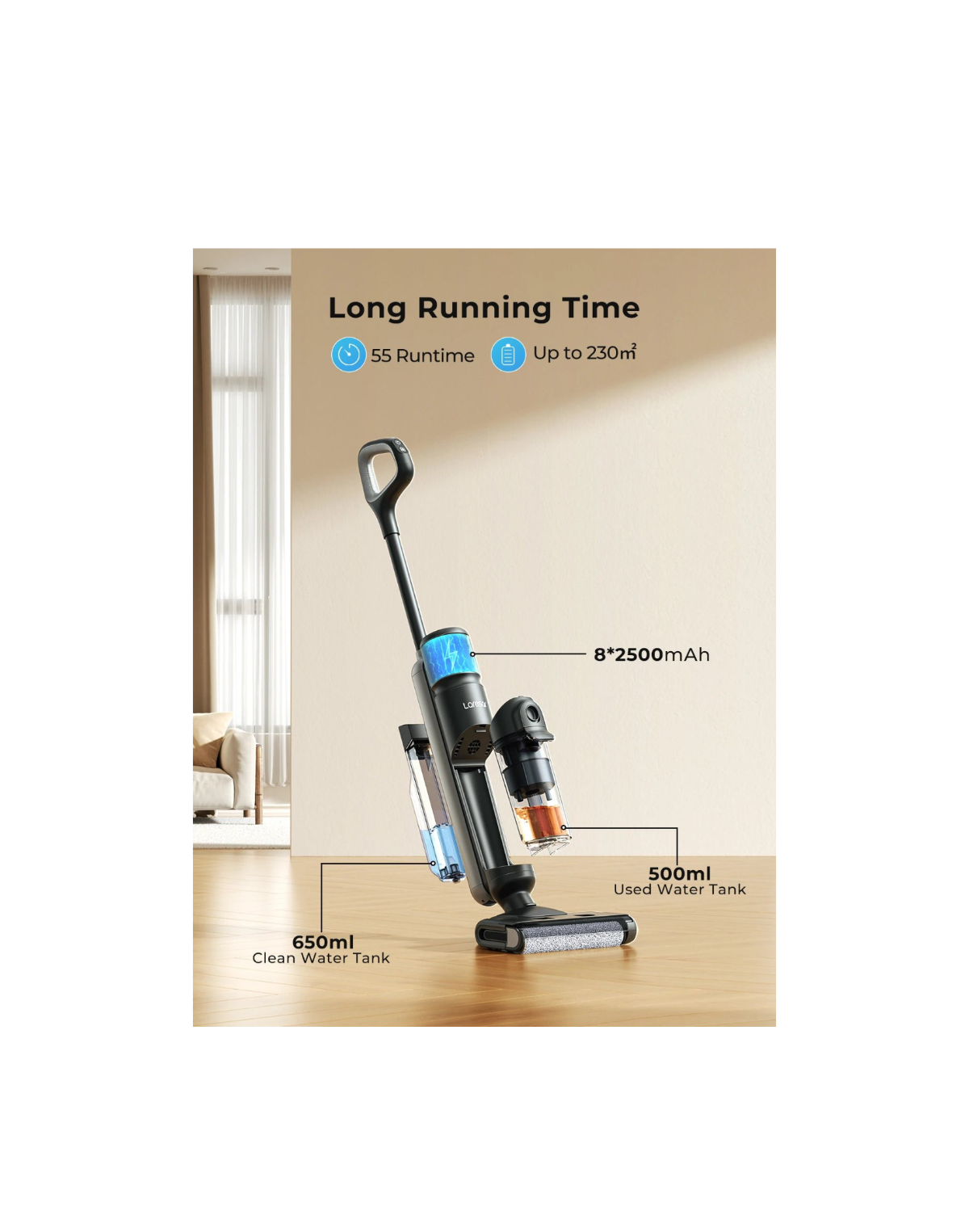 M3 Cordless Wet Dry Vacuum Cleaner Mop, Edge Cleaning 55min Auto Suction