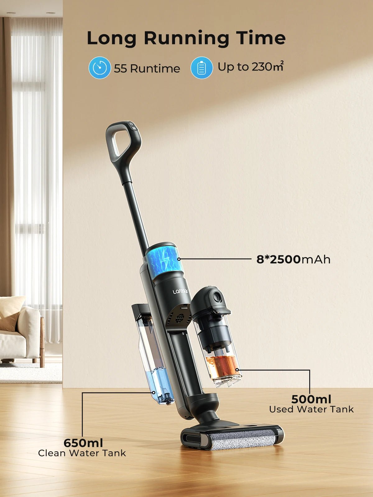 M3 Cordless Wet Dry Vacuum Cleaner Mop, Edge Cleaning 55min Auto Suction