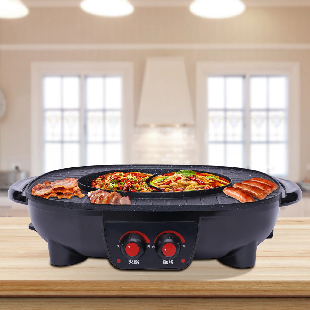 2-in-1 Electric Grill Hot Pot Electric Grill 2000W Hot Pot Shabu Shabu Hot Pot with Grill for 5-6 People