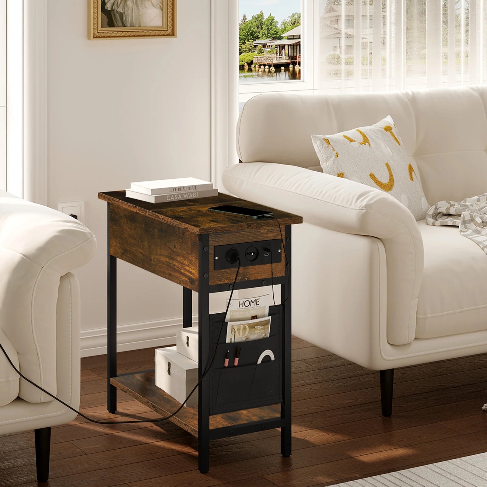 Side Table Sofa Coffee Table with Charging Station Bag Nightstand with 2 USB Ports 2 Sockets Folding Top End Table for Bedroom