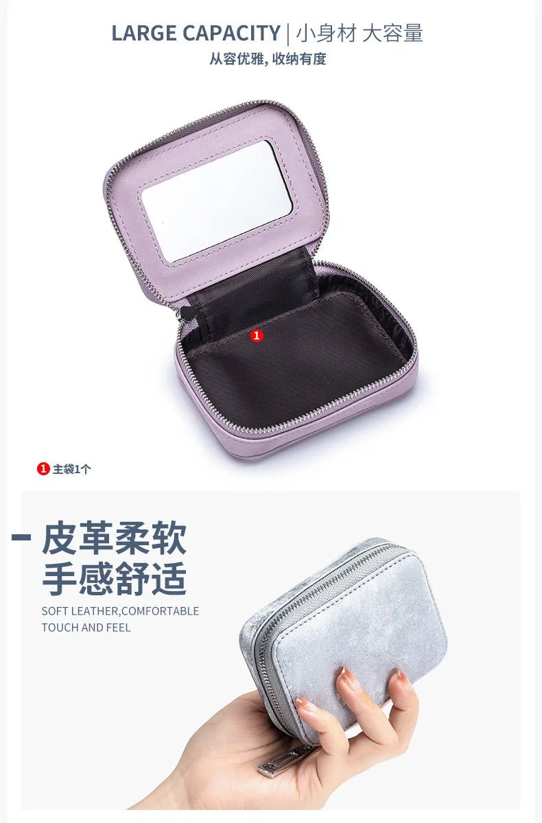 Portable Mini Leather Wallet With Mirror New Chinese Style Cow Leather Storage Bag For Coins And Earphones
