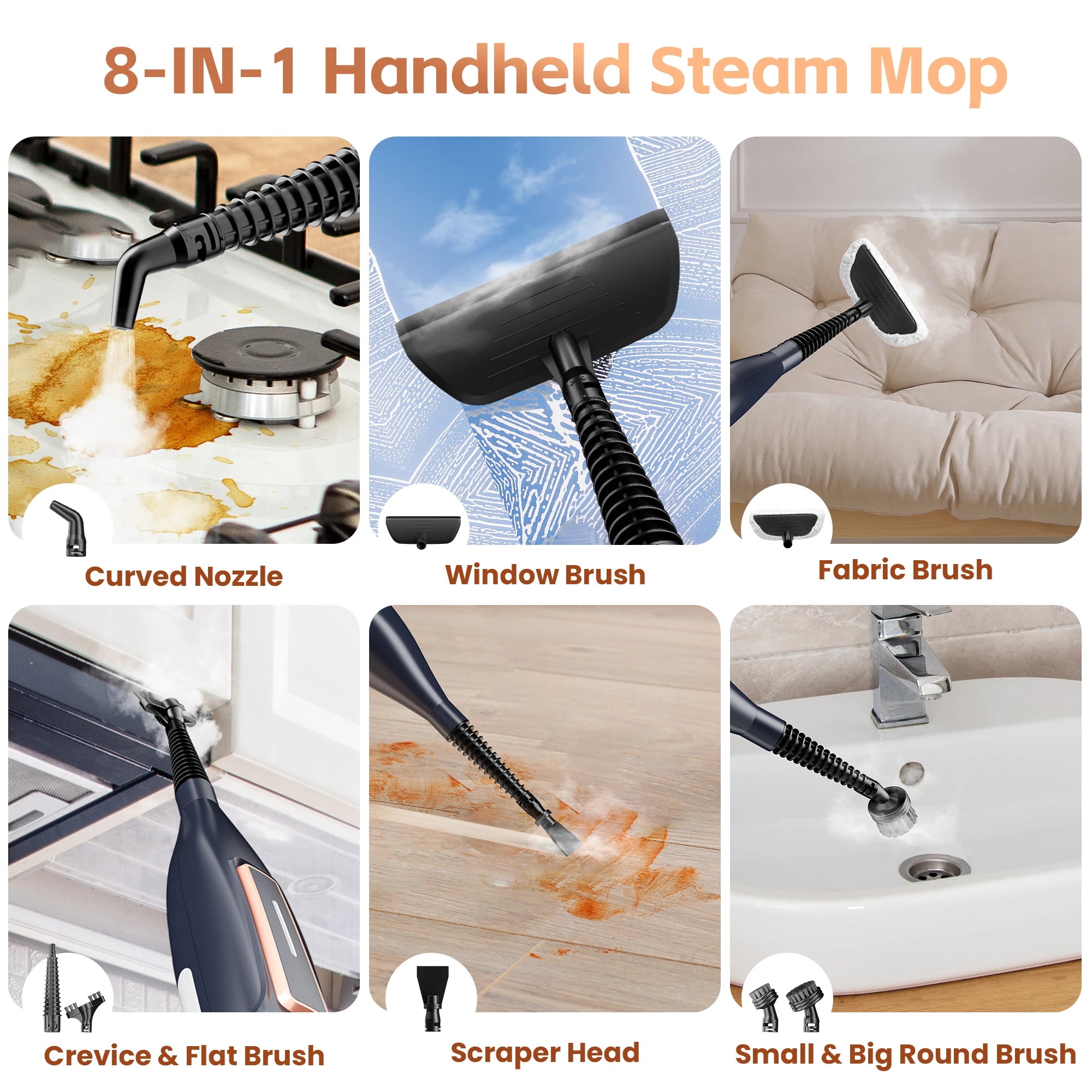 Steam Vacuum Mop, 1200W 8 in 1 Rotary Pads, 15 Seconds Fast Heating, Steam Mop for Kitchen,Carpet, Hardwood Floor