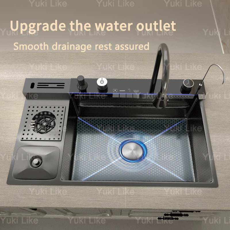 Stainless Steel Kitchen Sink With Waterfall Extra Large Single Bowl Digital Display Multifunctional Dishwashing Sinks