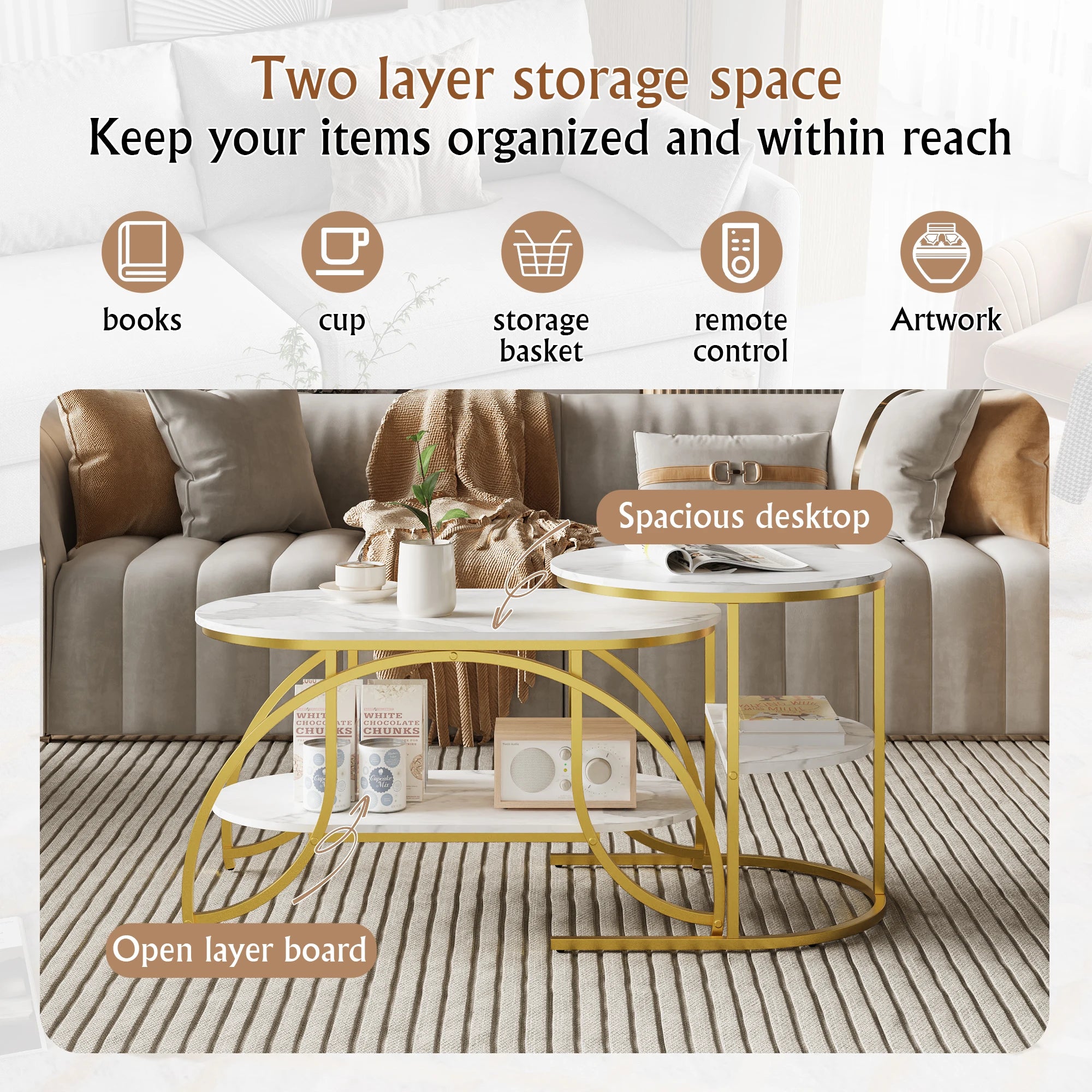 ROSAHQNDA Set of 2 Modern Coffee Tables Sofa table with 2 Layer Shelves MDF Board and Stable Metal Racks living room furniture