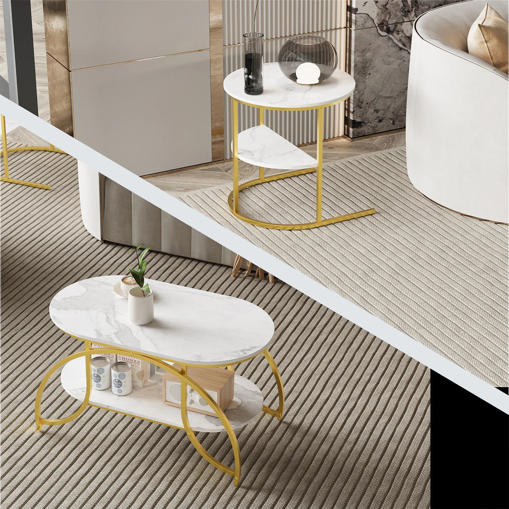 ROSAHQNDA Set of 2 Modern Coffee Tables Sofa table with 2 Layer Shelves MDF Board and Stable Metal Racks living room furniture