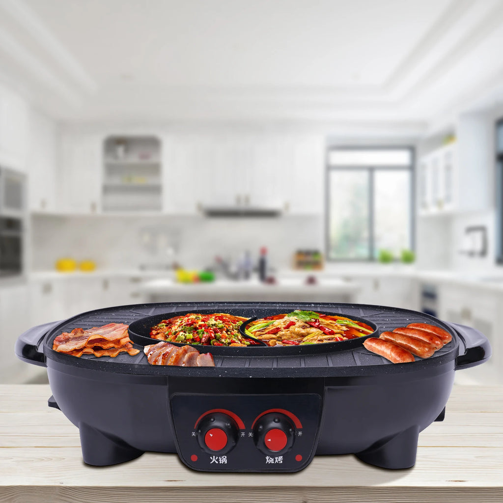 2-in-1 Electric Grill Hot Pot Electric Grill 2000W Hot Pot Shabu Shabu Hot Pot with Grill for 5-6 People