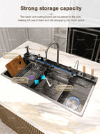 Stainless Steel Kitchen Sink With Waterfall Extra Large Single Bowl Digital Display Multifunctional Dishwashing Sinks