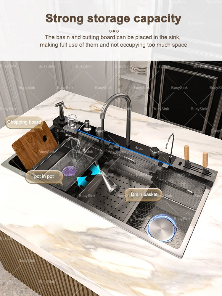 Stainless Steel Kitchen Sink With Waterfall Extra Large Single Bowl Digital Display Multifunctional Dishwashing Sinks