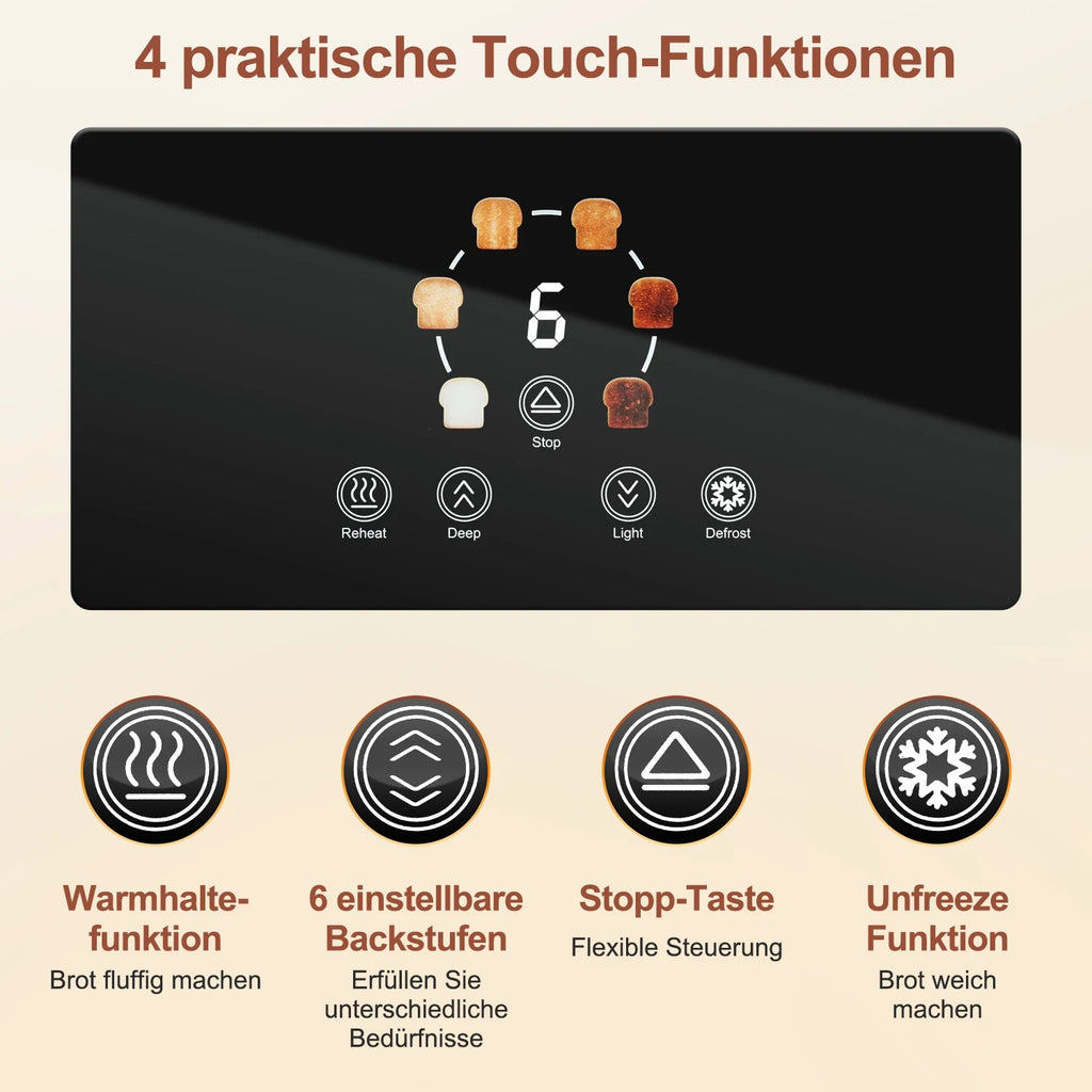 Toaster 1400W, stainless steel toaster, LCD touch display, 2 wide toast slots, 4 slices, 7 browning levels, bun holder,