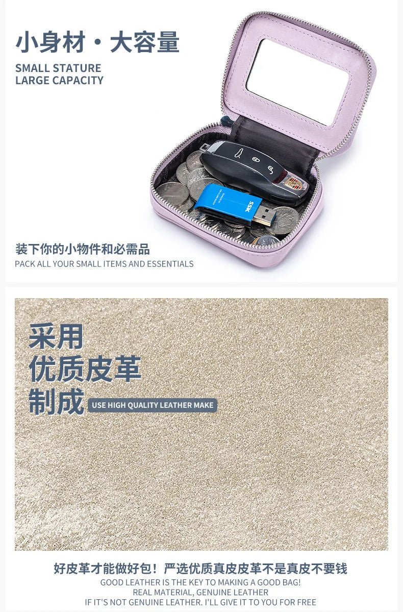 Portable Mini Leather Wallet With Mirror New Chinese Style Cow Leather Storage Bag For Coins And Earphones