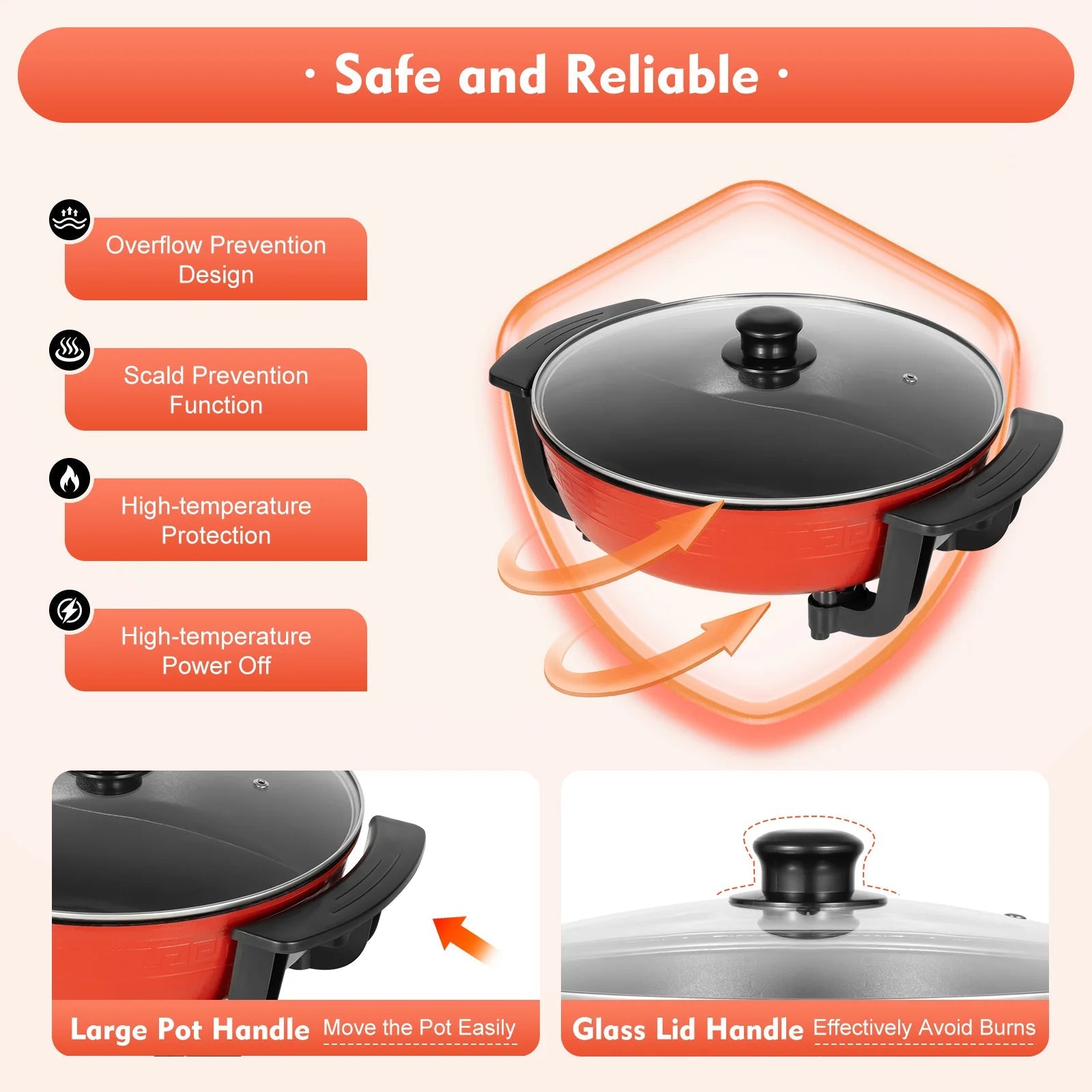 1360W Electric Hot Pot w/ 5 Temp Settings 6L Non-Stick Coating Large Capacity Skillet