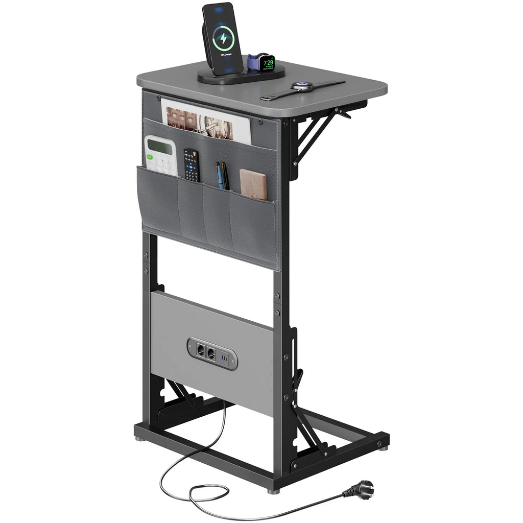 C Shape Small Laptop Table, Foldable End Desk with Power Outlets, Sofa Arm Tray Table with Storage Bag for Living Room, Bedroom