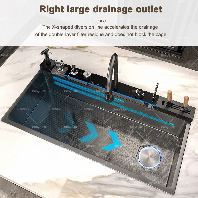 Stainless Steel Kitchen Sink With Waterfall Extra Large Single Bowl Digital Display Multifunctional Dishwashing Sinks