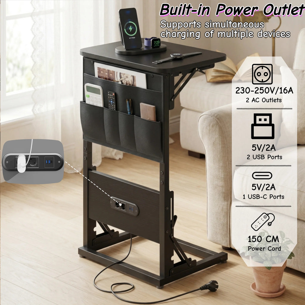 C Shape Small Laptop Table, Foldable End Desk with Power Outlets, Sofa Arm Tray Table with Storage Bag for Living Room, Bedroom