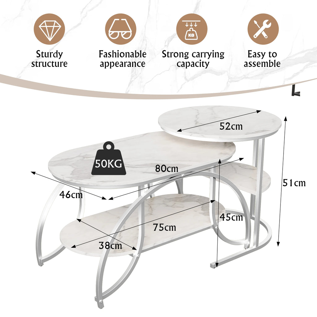 ROSAHQNDA Set of 2 Modern Coffee Tables Sofa table with 2 Layer Shelves MDF Board and Stable Metal Racks living room furniture