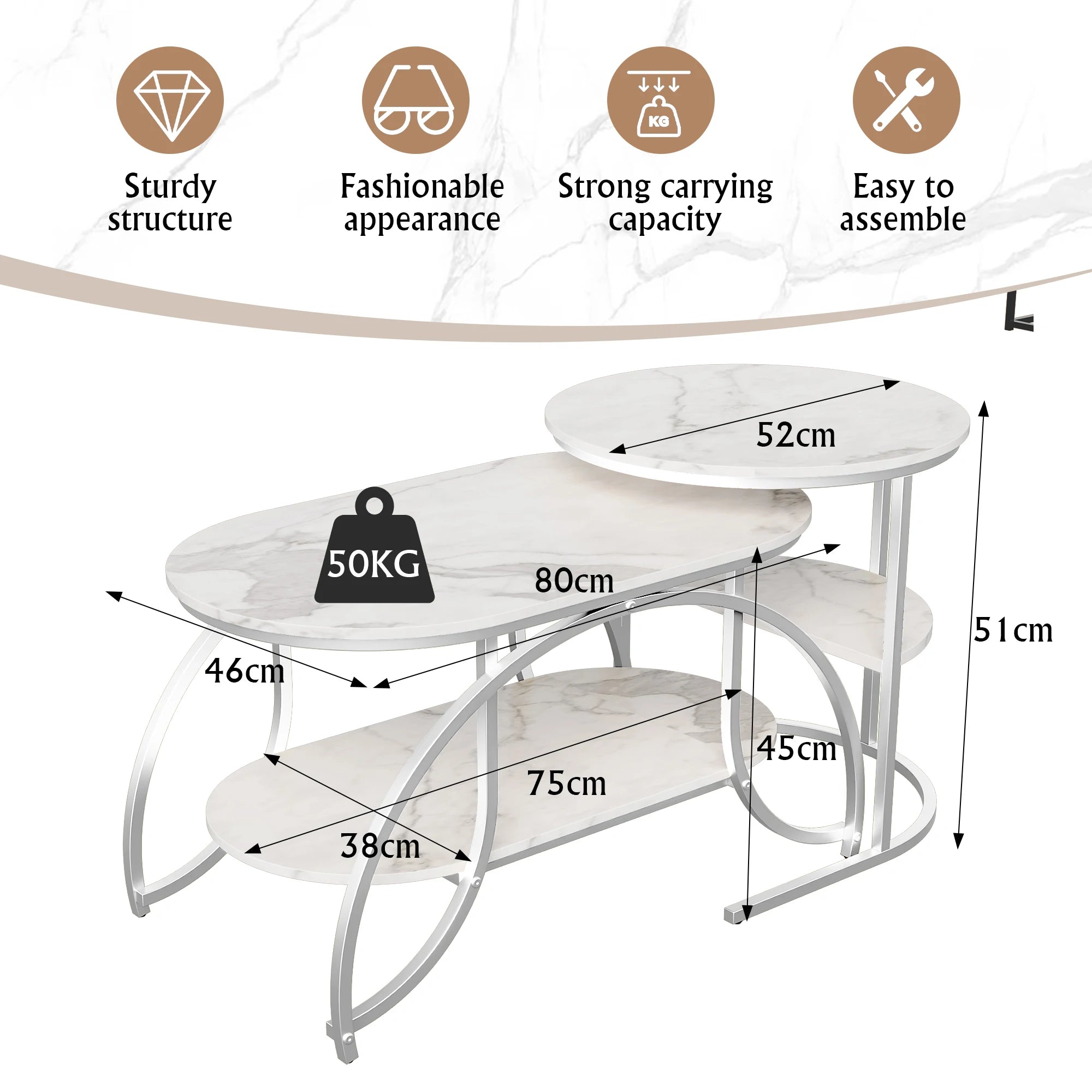 ROSAHQNDA Set of 2 Modern Coffee Tables Sofa table with 2 Layer Shelves MDF Board and Stable Metal Racks living room furniture