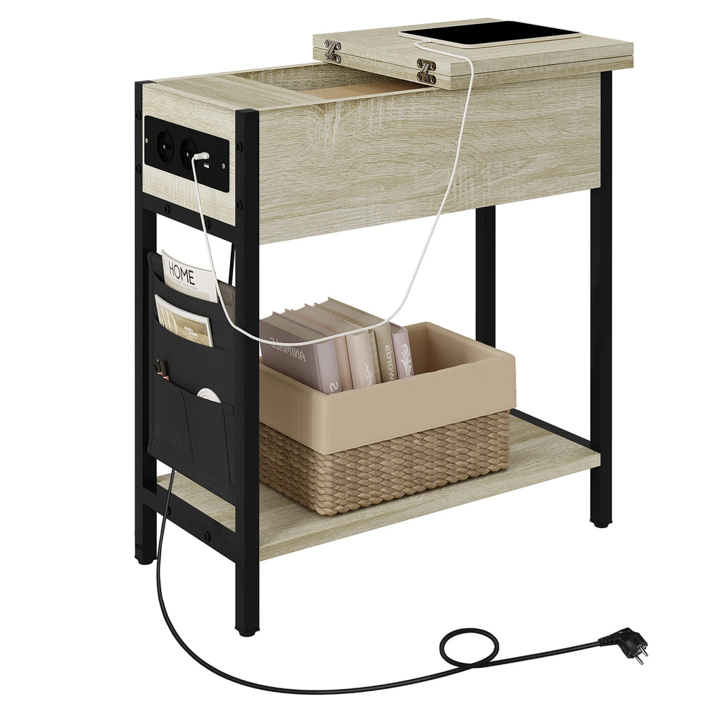 Side Table Sofa Coffee Table with Charging Station Bag Nightstand with 2 USB Ports 2 Sockets Folding Top End Table for Bedroom