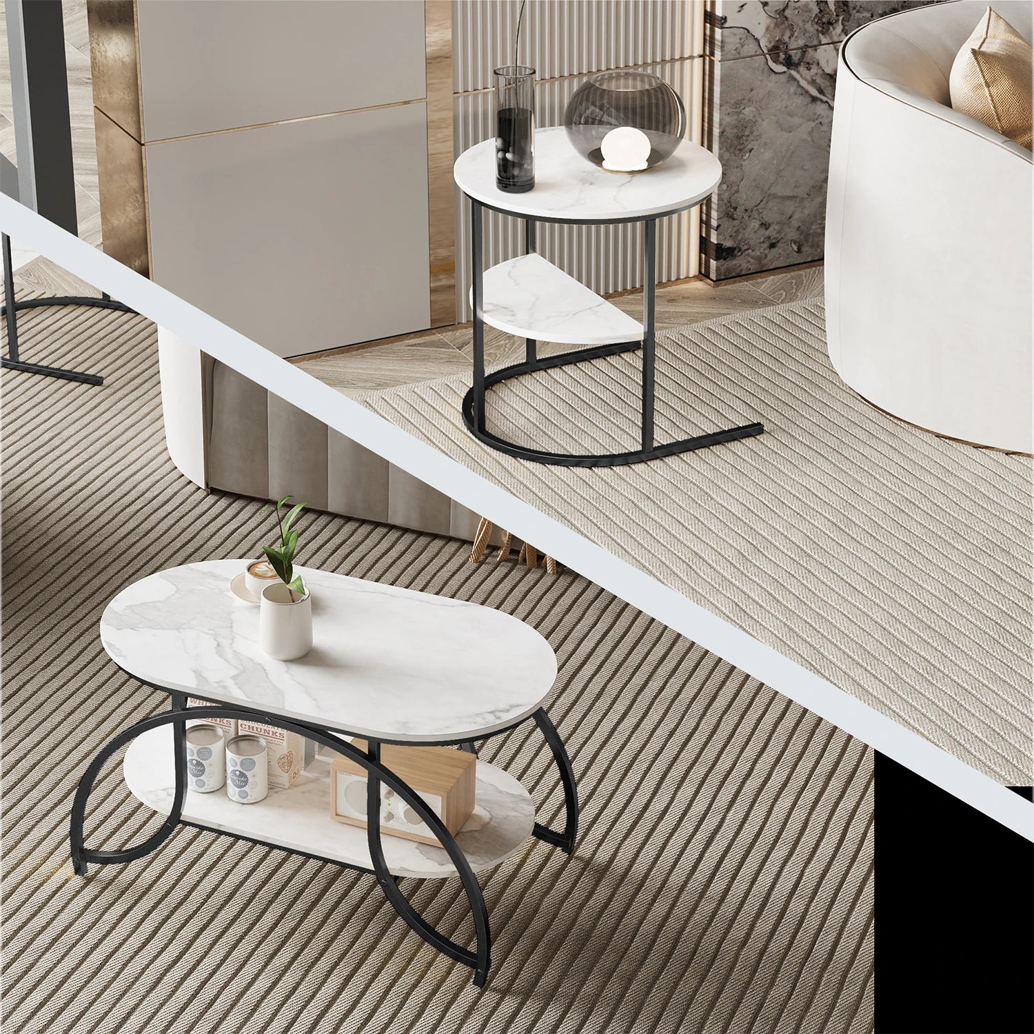 ROSAHQNDA Set of 2 Modern Coffee Tables Sofa table with 2 Layer Shelves MDF Board and Stable Metal Racks living room furniture