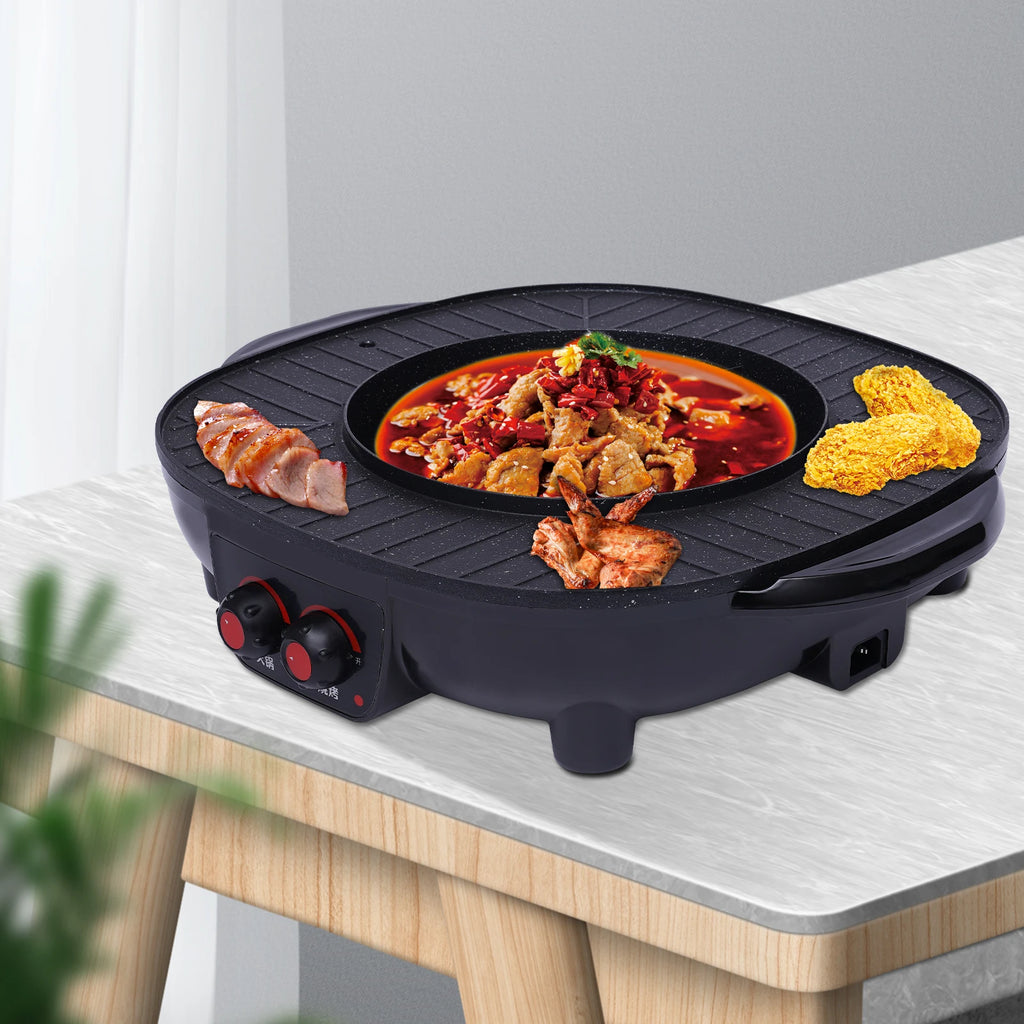 2-in-1 Electric Grill Hot Pot Electric Grill 2000W Hot Pot Shabu Shabu Hot Pot with Grill for 5-6 People