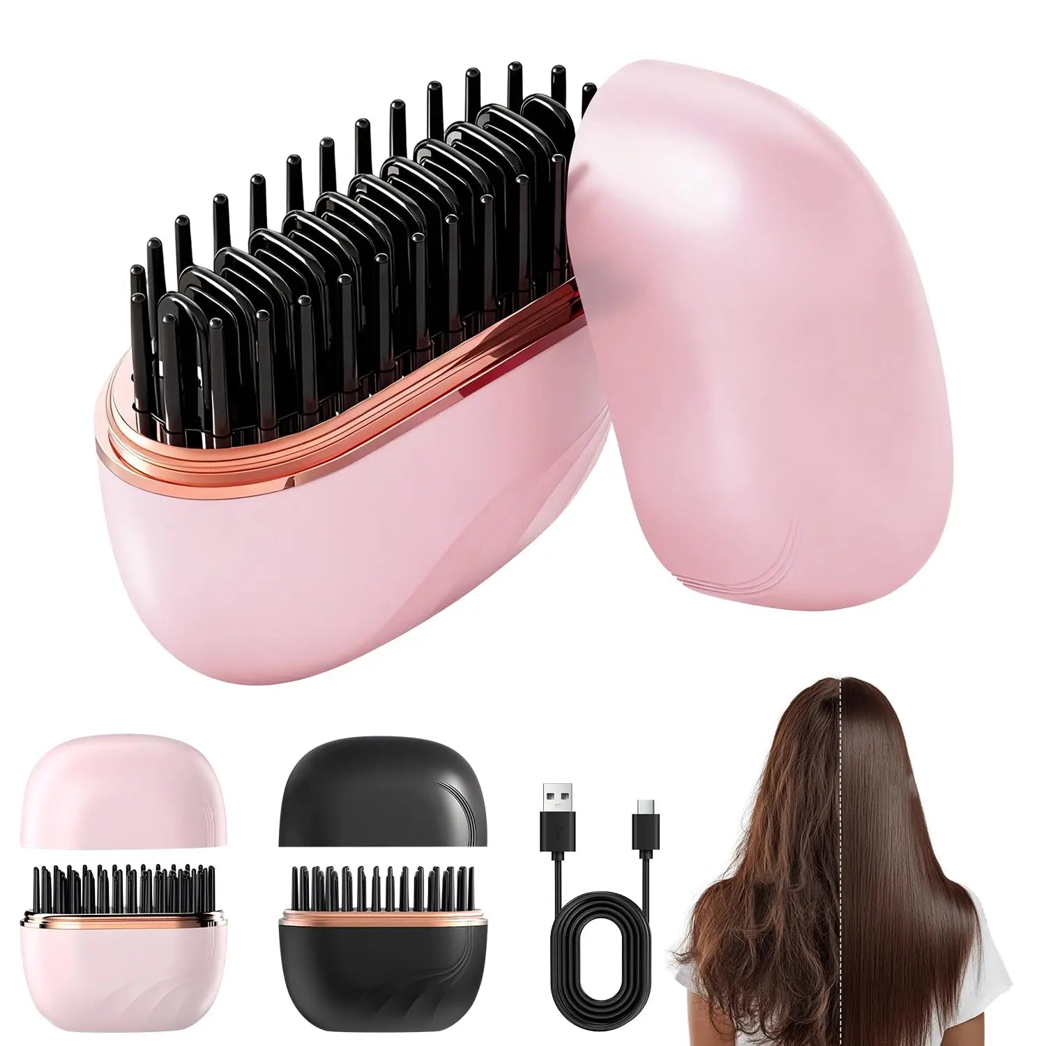 Portable Hair Straightener Brush Anti-Scald Shell Cordless USB Charging