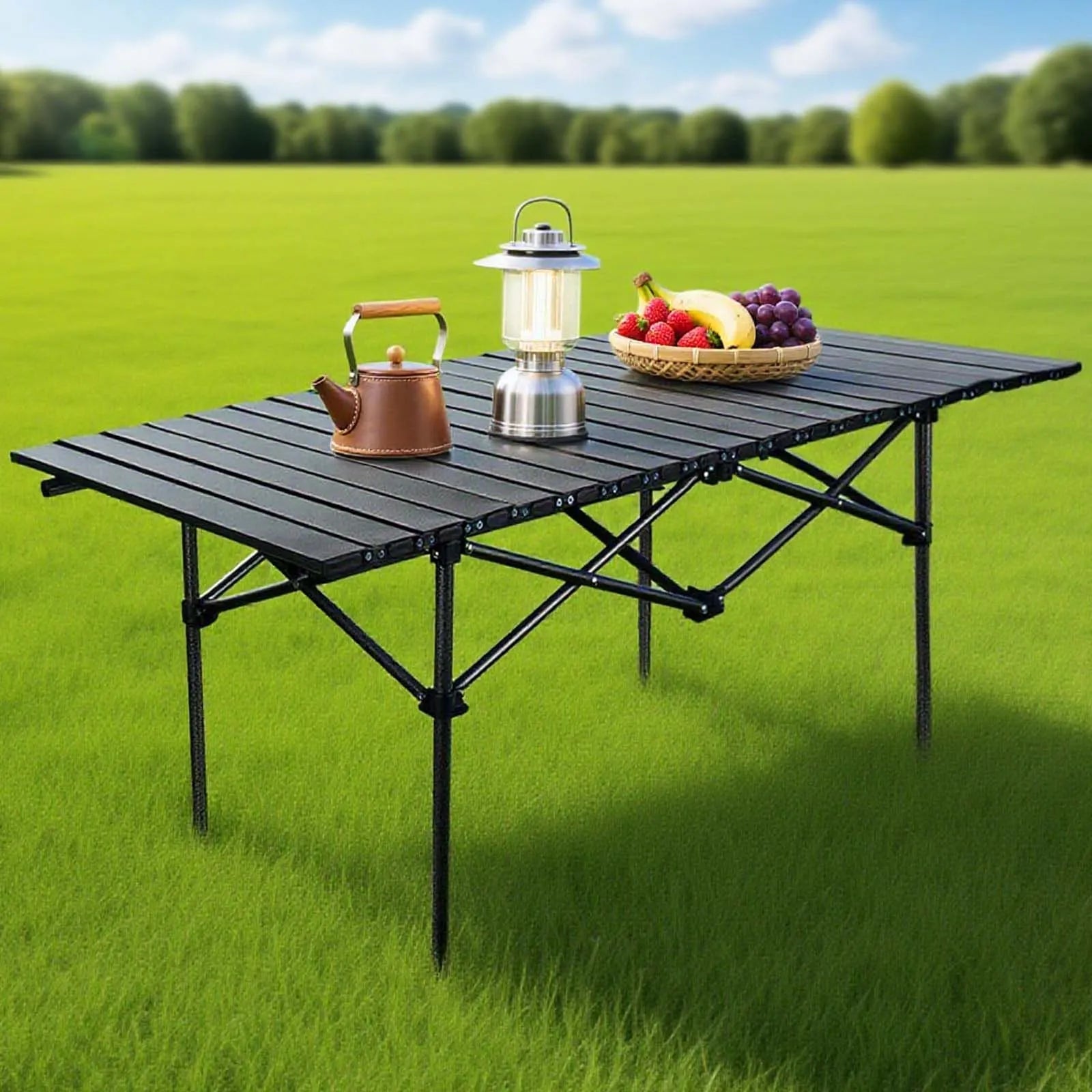Foldable Camping Table Carbon Steel Picnic Table with Storage Mesh Bag Portable Outdoor BBQ Desk for Beach Backyard Party Games