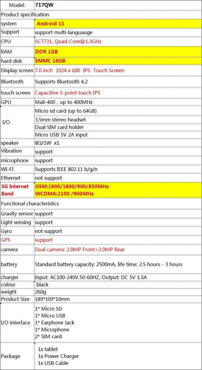 7 INCH 3G Phone Android 11 Tablet RAM 1GB 16G ROM WIFI Dual Camera Quad-Core 1024*600 IPS Screen