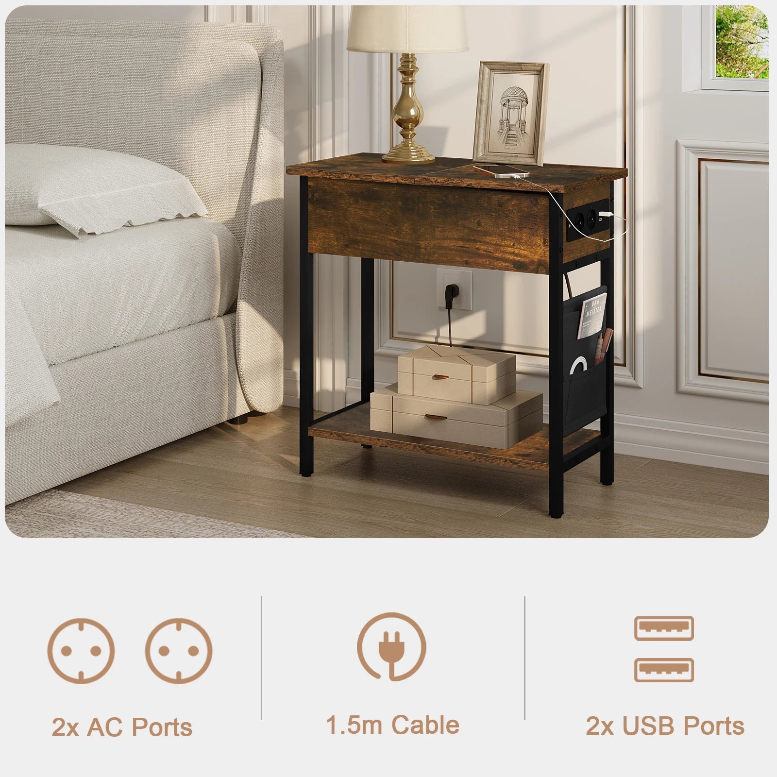 Side Table Sofa Coffee Table with Charging Station Bag Nightstand with 2 USB Ports 2 Sockets Folding Top End Table for Bedroom