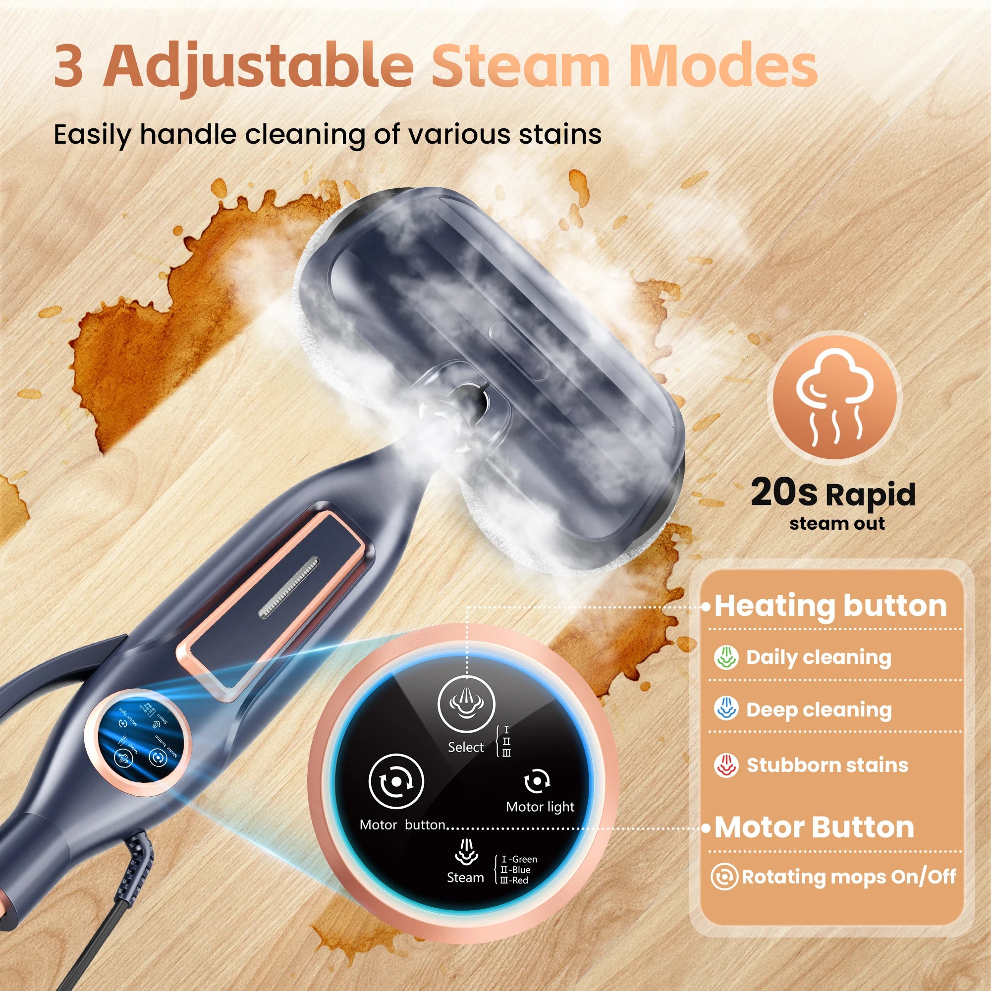 Steam Vacuum Mop, 1200W 8 in 1 Rotary Pads, 15 Seconds Fast Heating, Steam Mop for Kitchen,Carpet, Hardwood Floor