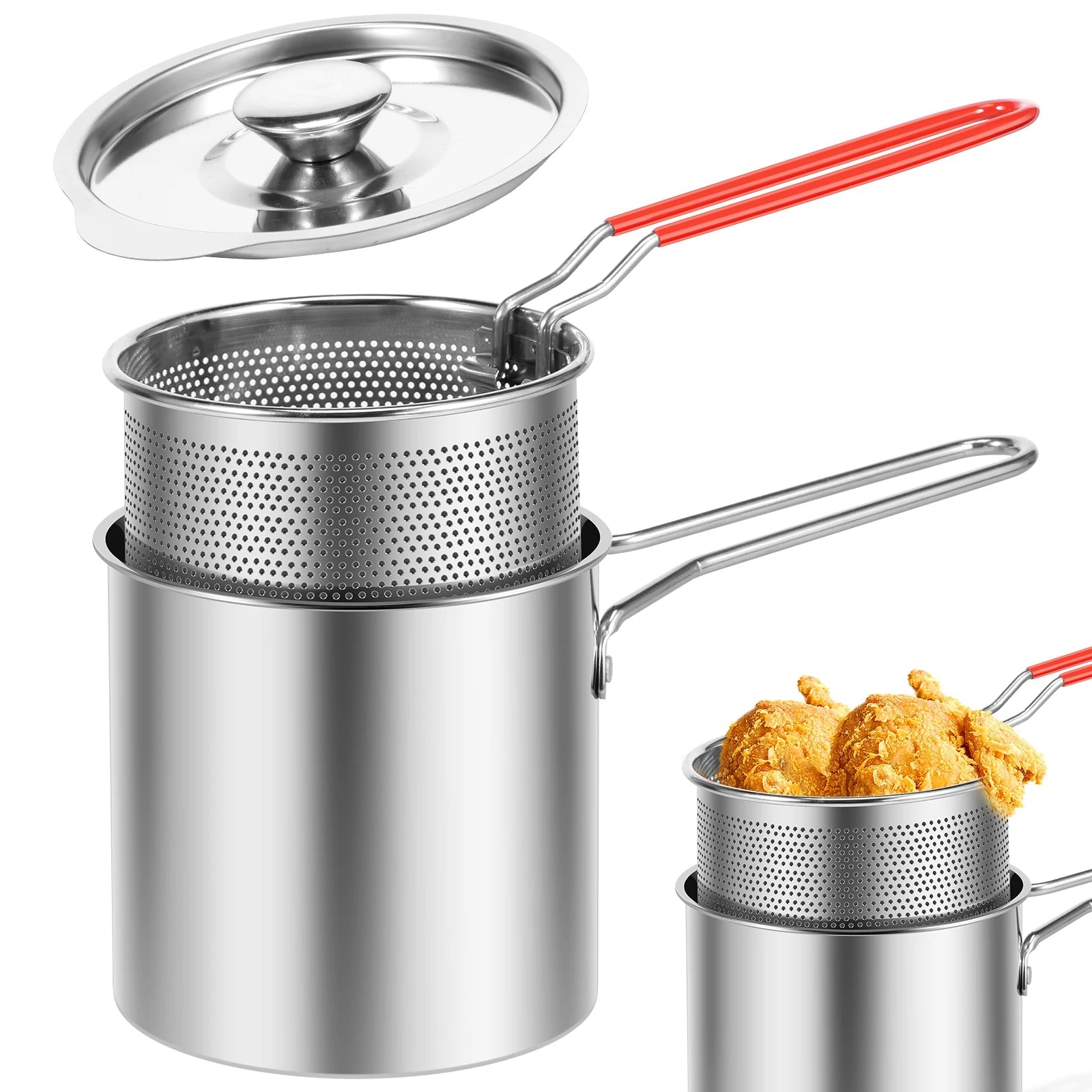 Stainless Steel Deep Fryer Pot with Basket, Lid and Pasta Strainer