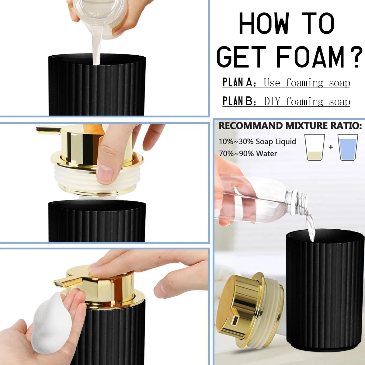 1set Bathroom Accessories Black Bath Toothbrush Holder, Foam Soap Dispenser, Cotton Ball Box and Soap Dish for Decorative